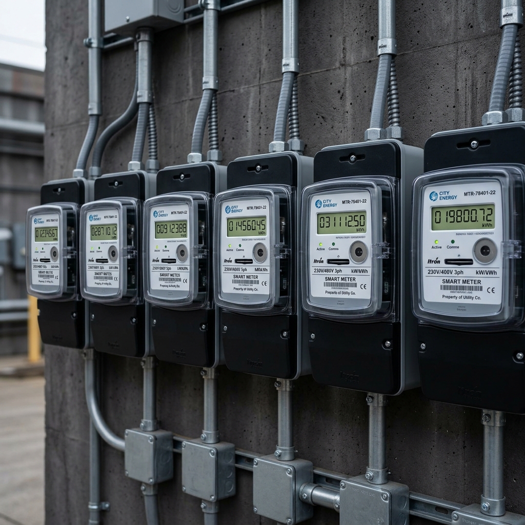 Utility meters and bill stack representing data aggregation