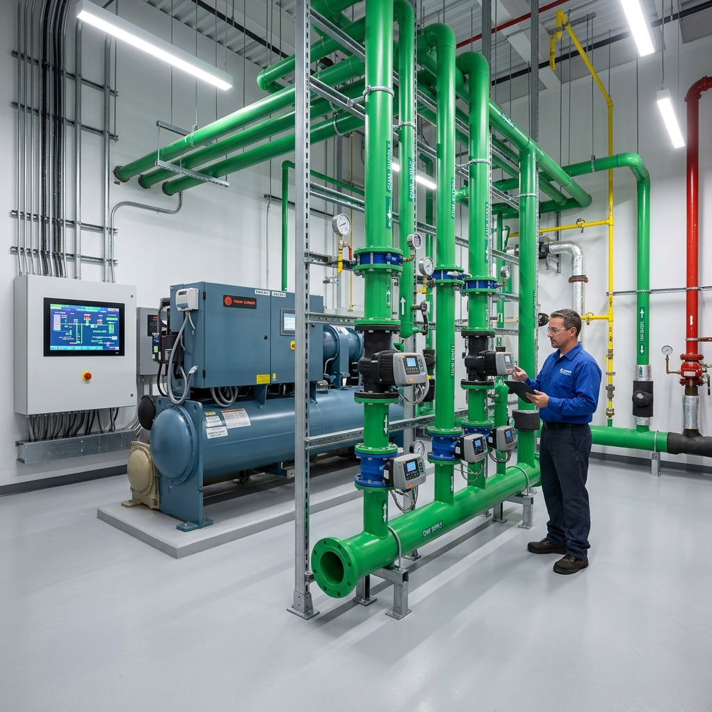 Modern smart HVAC chiller plant piping system inside a mechanical room